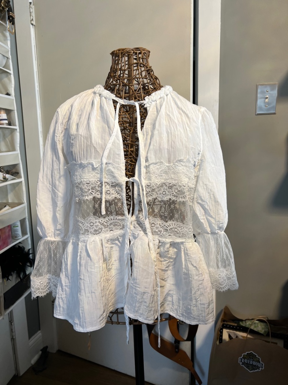 SHEIN White Lace Peasant Tie-Front Blouse